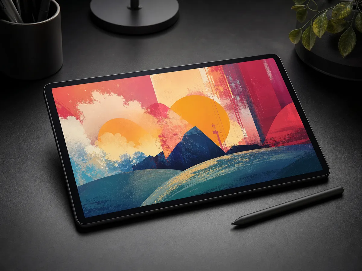 A colourful digital illustration on a tablet screen, a stylus resting beside it.