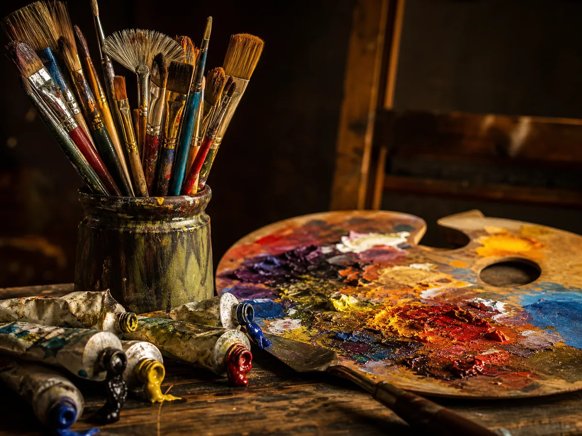 Artist materials, paintbrushes in a jar, paint tubes, and a palette of mixed colour.