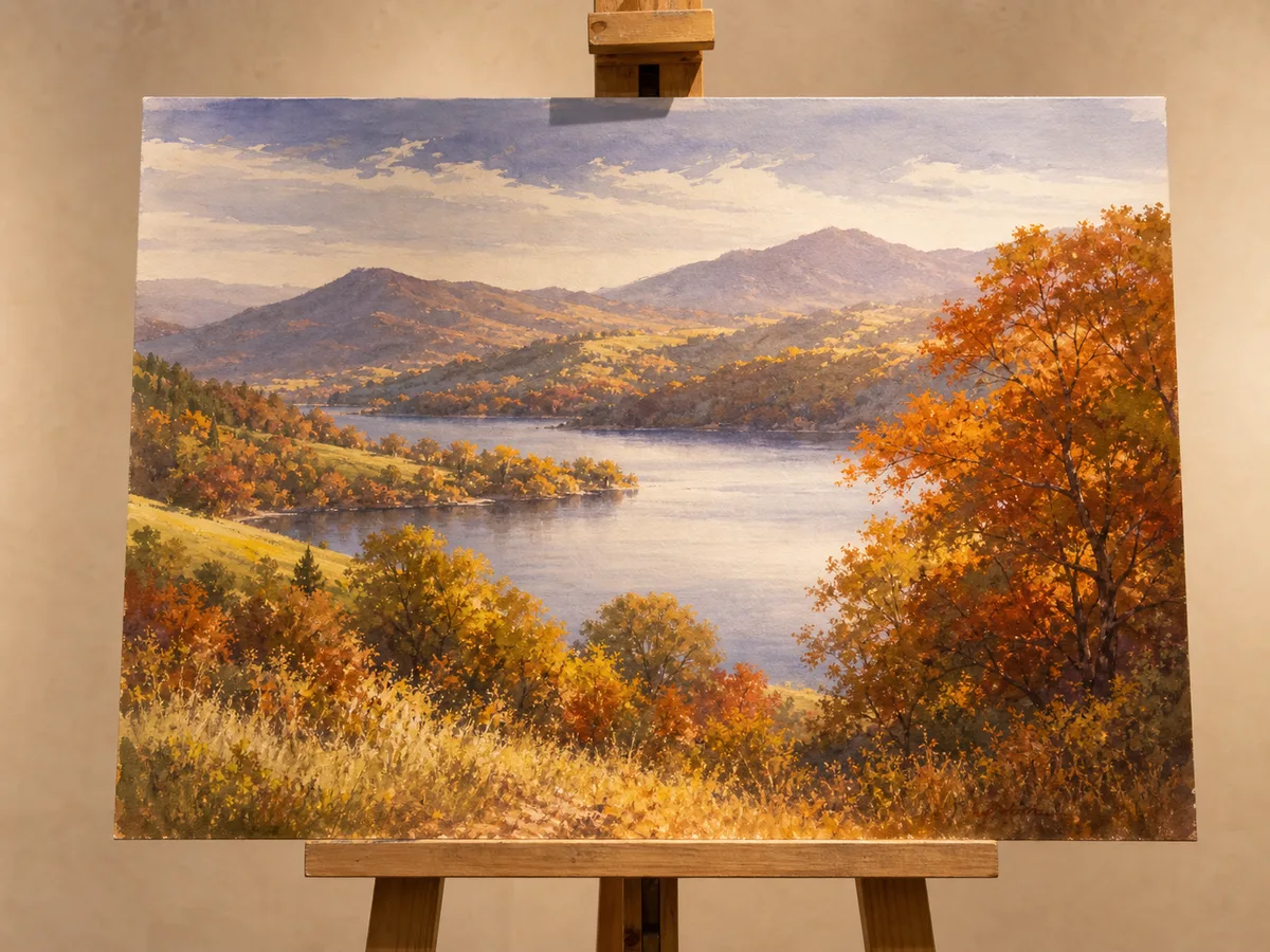 A finished landscape painting in watercolour, resting on an easel.