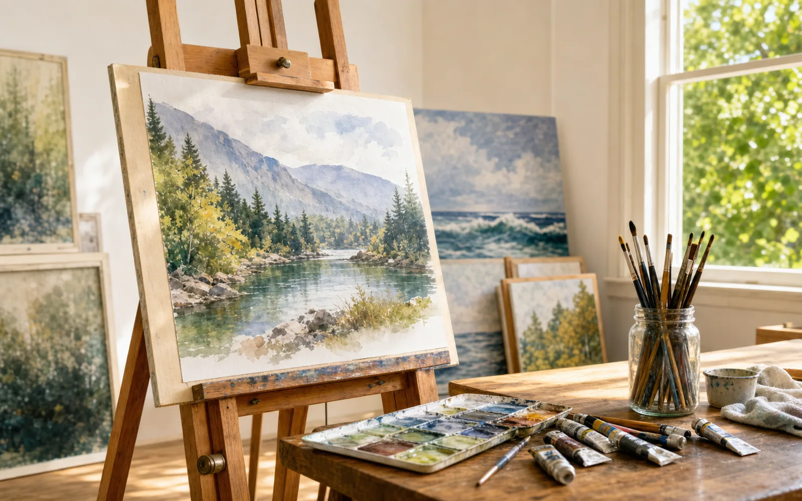 A sunlit art studio: a watercolour landscape painting on a wooden easel, a jar of brushes, and paint tubes on a table.