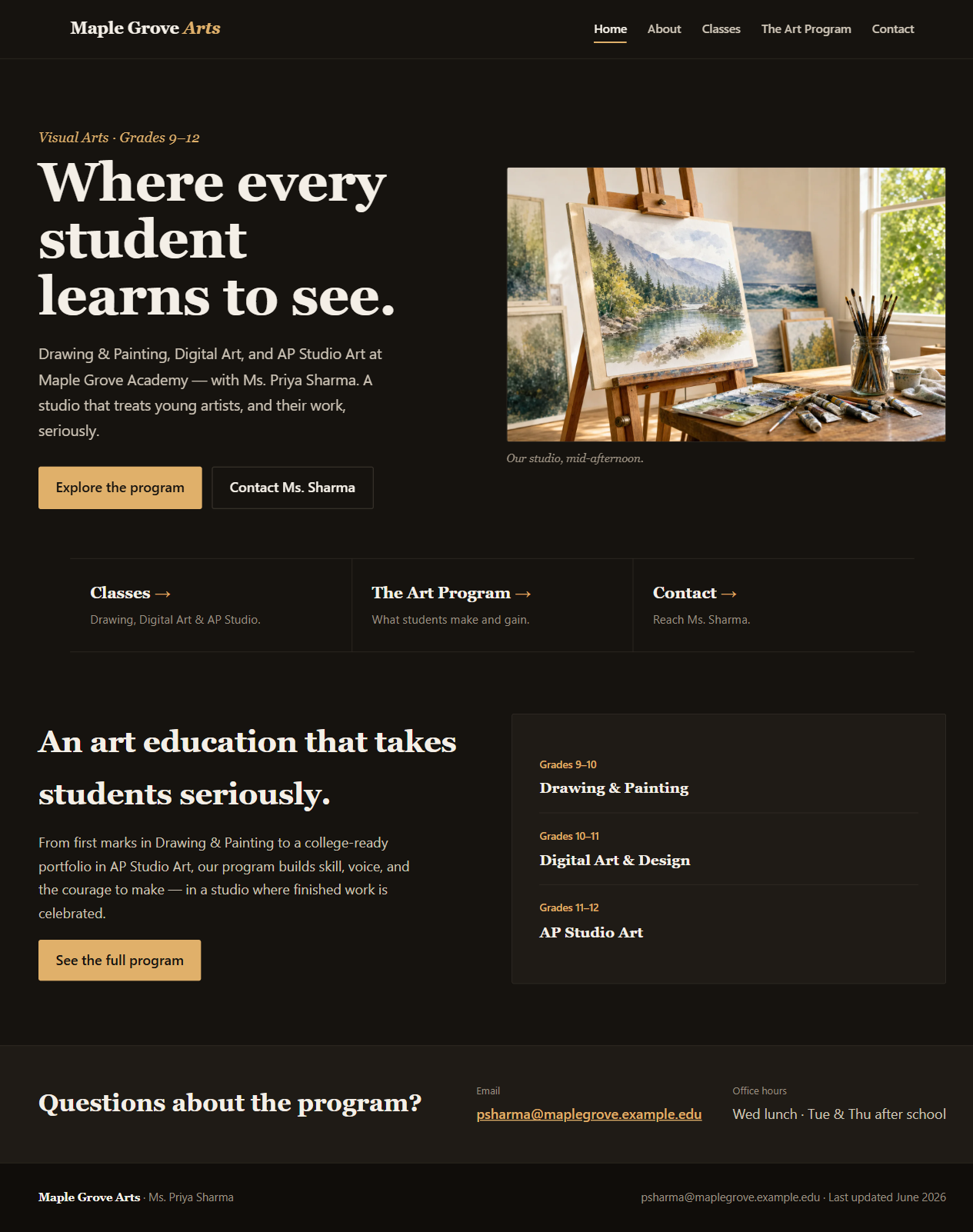 Homepage built through the structured workflow — editorial dark theme, school email and office hours, no personal contact details.