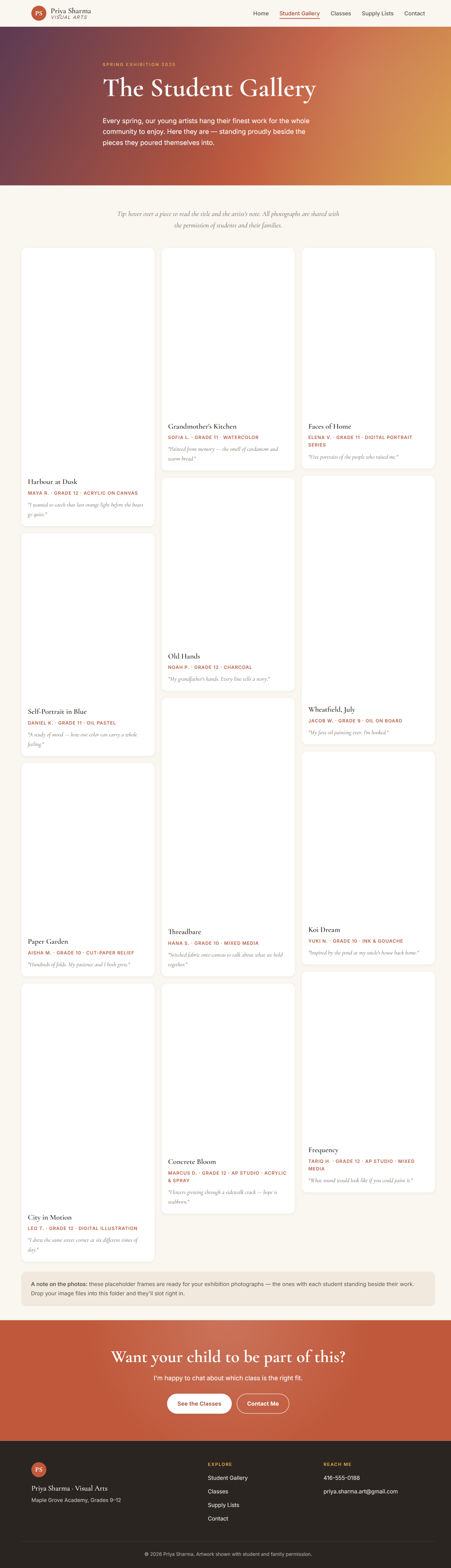 The naive gallery page: twelve student artworks each captioned with a named student, their grade, and a quote, plus a footer claiming the work is shown with permission.