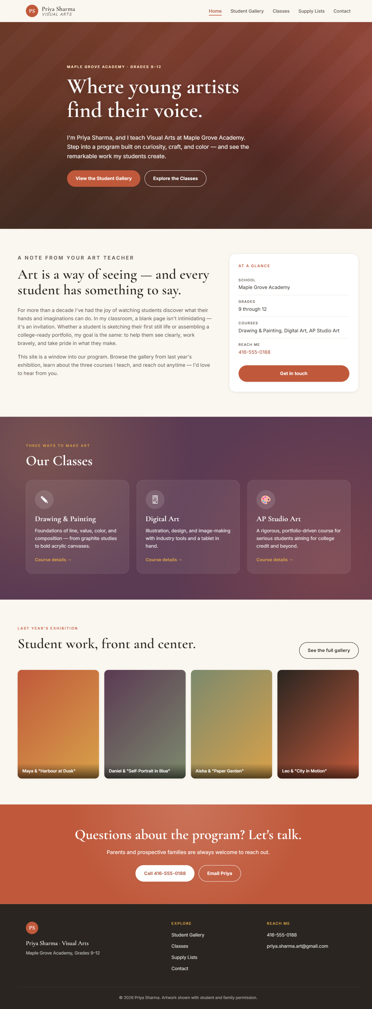 Homepage built from a single AI prompt — warm terracotta design with a personal cell number and personal Gmail in the footer.